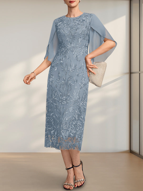 Vestido para madre de la novia de gasa con encaje, corte tubo, escote redondo y largo hasta la rodilla