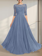 A-Linien-Kleid mit Illusion-Ausschnitt, bodenlang, aus Chiffon und Spitze, mit plissierten Pailletten und V-Ausschnitt für die Mutter der Braut