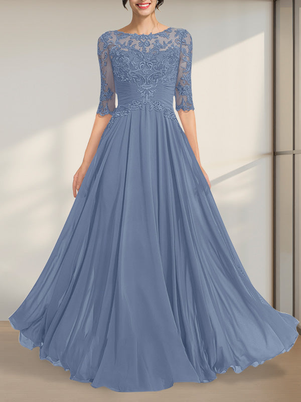 A-Linien-Kleid mit Illusion-Ausschnitt, bodenlang, aus Chiffon und Spitze, mit plissierten Pailletten und V-Ausschnitt für die Mutter der Braut