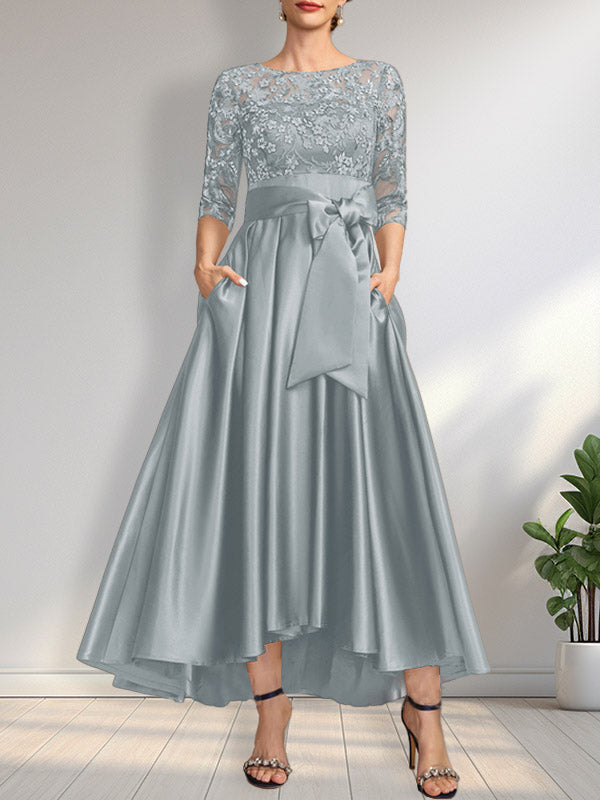 Vestido de madre de la novia de encaje satinado asimétrico con ilusión de corte A y lazo