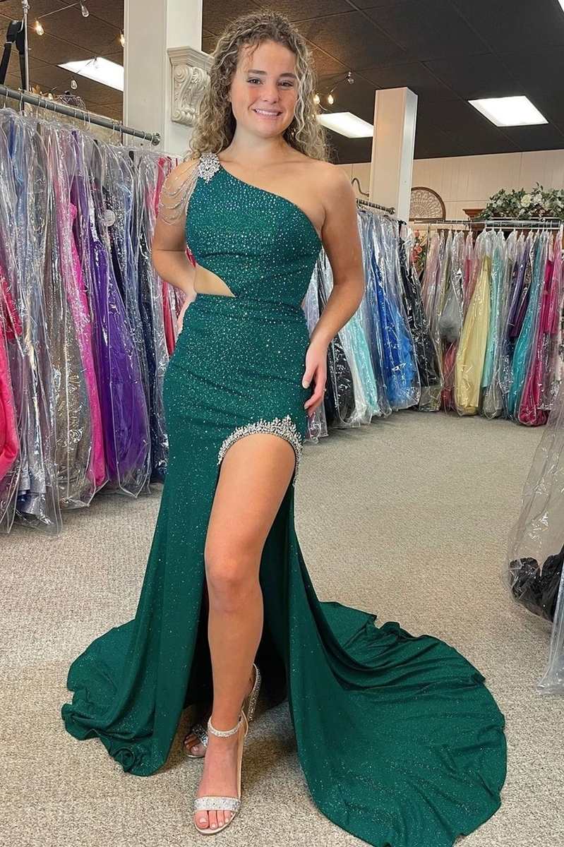 Langes, einseitig schulterfreies, perlenbesetztes Meerjungfrauen-Abendkleid in Jägergrün mit Schlitz