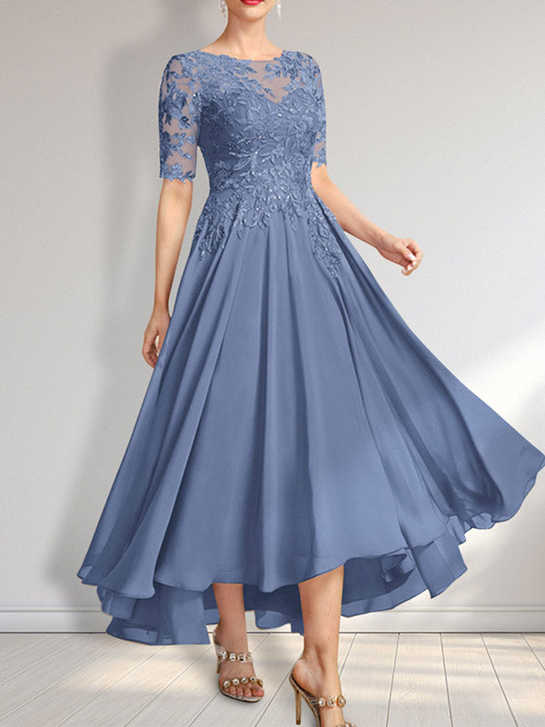 A-Linien-Kleid mit asymmetrischem Chiffon-Spitzenausschnitt und Pailletten für die Mutter der Braut 