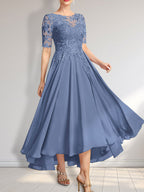 A-Linien-Kleid mit asymmetrischem Chiffon-Spitzenausschnitt und Pailletten für die Mutter der Braut 