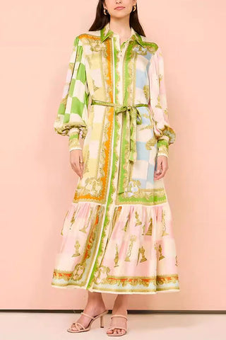 Meridress Lantern Sleeves Tie Waist Unique Print Ruffle Maxi Shirt Dress