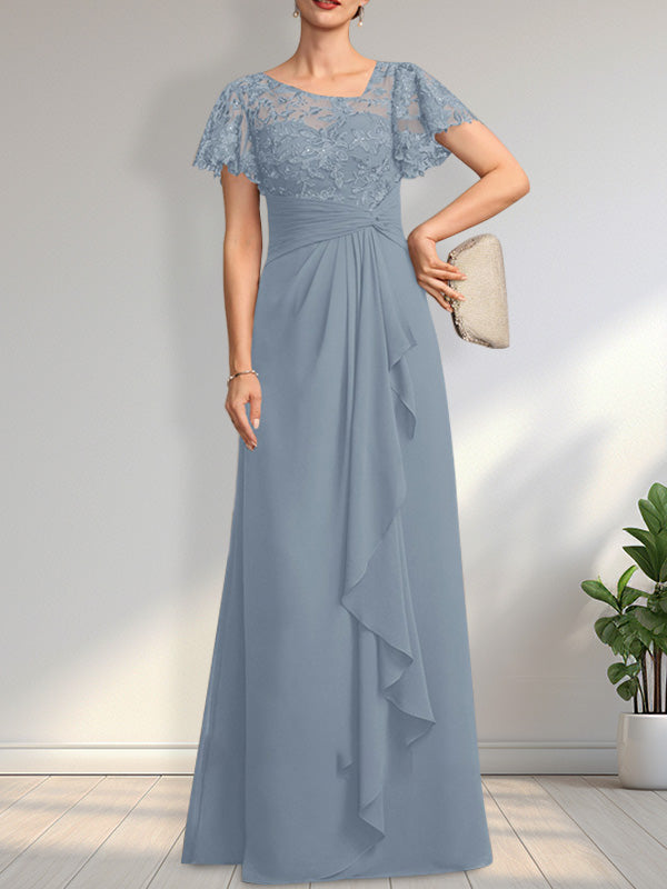 A-Linien-Kleid aus asymmetrischem Chiffon mit Illusion-Effekt, bodenlang, mit Kaskadenrüschen und Pailletten für die Mutter der Braut 