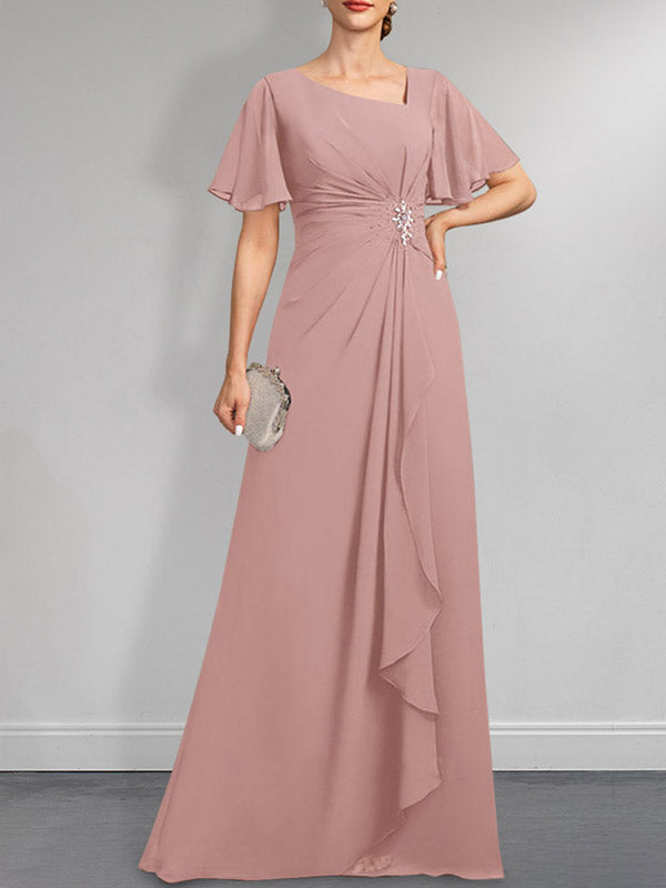 A-Linien-Kleid aus Chiffon in Bodenlänge mit asymmetrischem Schnitt, plissiert und mit Pailletten und Perlenstickerei