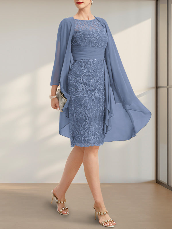 Etuikleid/Säulenkleid mit Illusion-Ausschnitt, knielang, aus Chiffon mit Spitze, Kaskadenrüschen und Pailletten für die Mutter der Braut