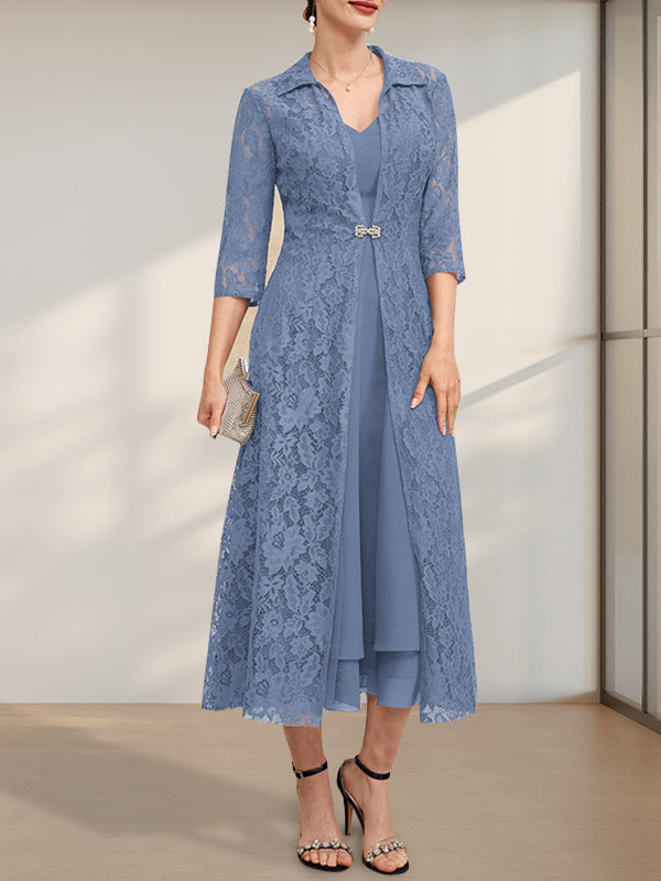A-Linien-Chiffonkleid mit V-Ausschnitt und Teelänge für die Mutter der Braut