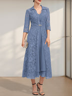 A-Linien-Chiffonkleid mit V-Ausschnitt und Teelänge für die Mutter der Braut