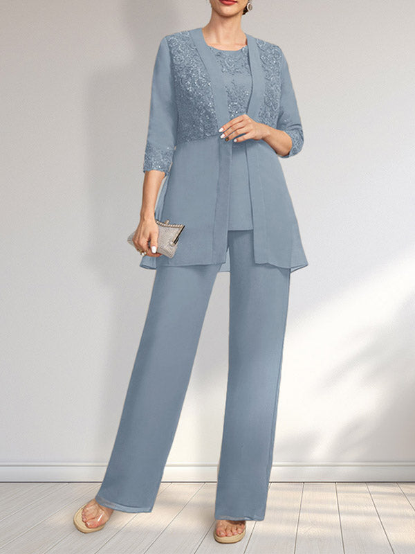 Jumpsuit/Hosenanzug-Set, bodenlanges Chiffon-Spitzenkleid mit Pailletten für die Mutter der Braut mit Rundhalsausschnitt