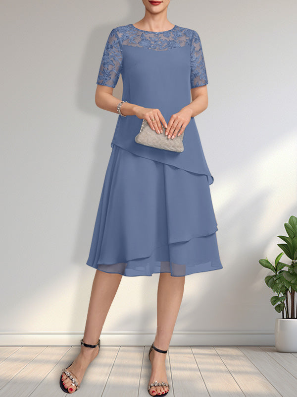 A-Linien-Kleid mit Rundhalsausschnitt, Illusion-Effekt, knielang, aus Spitze und Chiffon mit Pailletten für die Mutter der Braut
