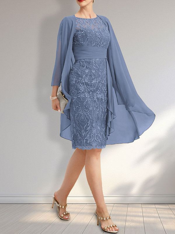 Etuikleid mit Rundhalsausschnitt, Illusion-Effekt, knielang, aus Chiffon mit Spitze, Rüschen und Pailletten – ideal für die Mutter der Braut