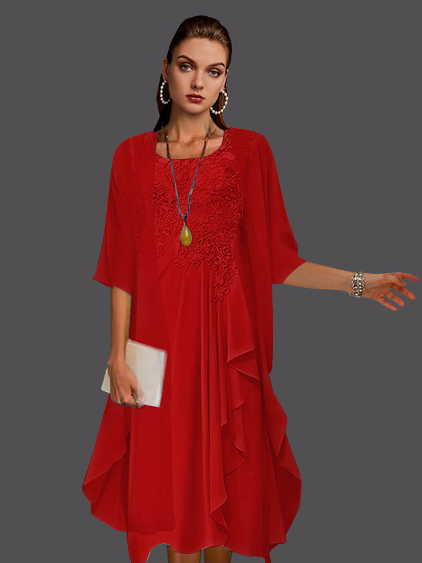 Zweiteiliges, ärmelloses A-Linien-Kleid aus Chiffonspitze mit Faltenapplikationen 