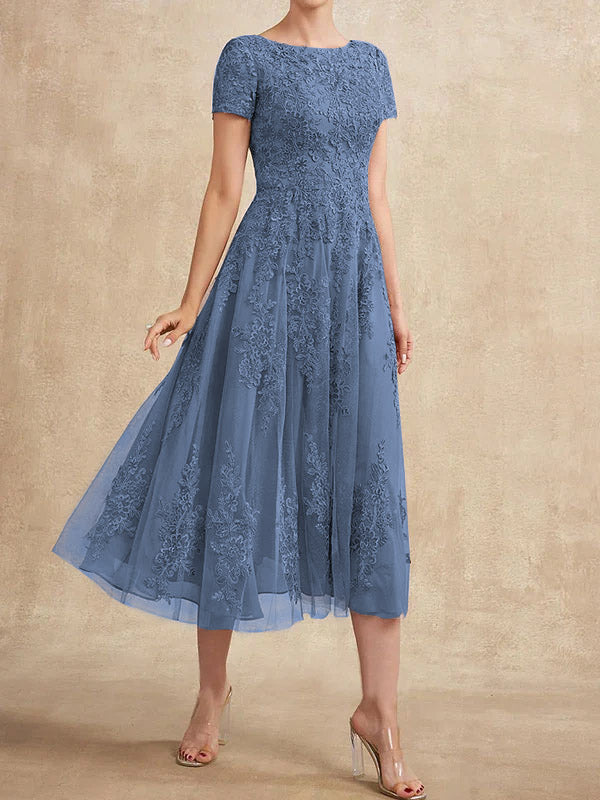 A-Linien-Kleid aus Tüllspitze mit Rundhalsausschnitt und Teelänge für die Mutter der Braut 