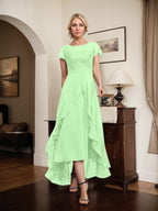A-Linien-Kleid mit asymmetrischem Chiffon-Spitzenausschnitt, Schleife, Rüschen und Pailletten für die Mutter der Braut 