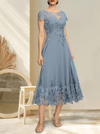 A-Linien-Kleid mit Illusion-Ausschnitt, Rundhalsausschnitt, Teelänge, Spitze und Chiffon, mit Pailletten, für die Mutter der Braut