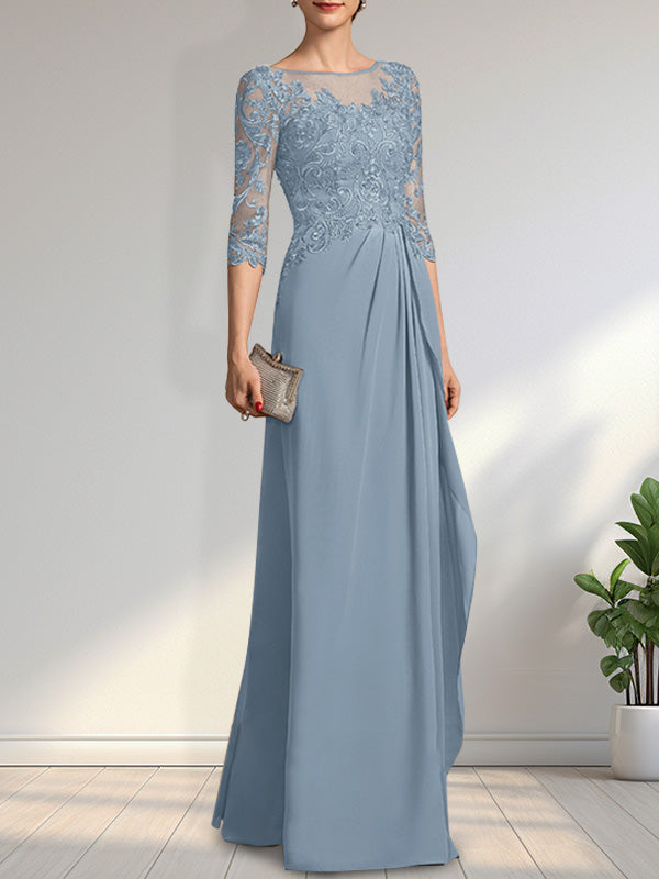 A-Linien-Kleid mit U-Boot-Ausschnitt, Illusion-Effekt, bodenlang, aus Chiffon und Spitze, mit Perlen, Pailletten und kaskadenartigen Rüschen – perfekt für die Mutter der Braut.