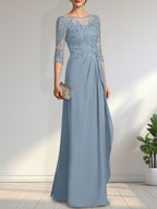 A-Linien-Kleid mit U-Boot-Ausschnitt, Illusion-Effekt, bodenlang, aus Chiffon und Spitze, mit Perlen, Pailletten und kaskadenartigen Rüschen – perfekt für die Mutter der Braut.