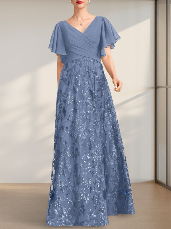 Vestido de madre de la novia de gasa con lentejuelas, encaje, escote en V y largo hasta el suelo, con pliegues
