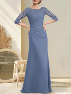 A-Linien-Kleid aus Chiffon und Spitze in Bodenlänge für die Mutter der Braut mit Perlenstickerei, Falten und Pailletten