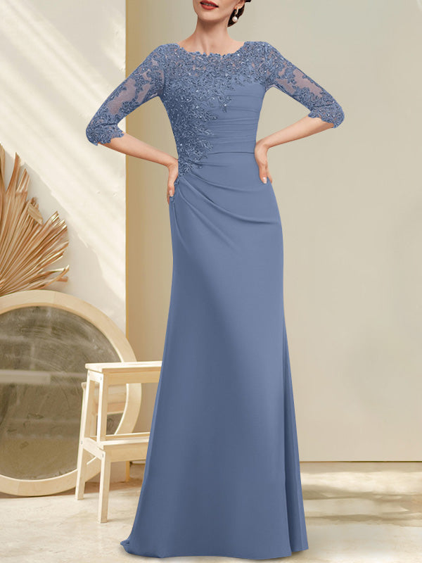 Vestido de gasa para madre de la novia, corte A, largo hasta el suelo, con encaje, cuentas y lentejuelas plisadas