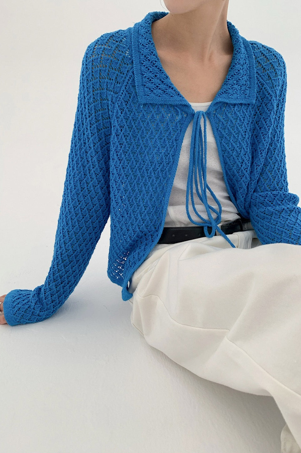 Hollow-Out Collared Tie-Waist Long-Sleeve Short Knit Cardigan