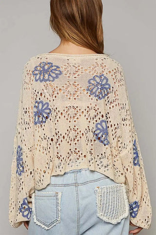 beige floral eyelet drop shoulder sweater