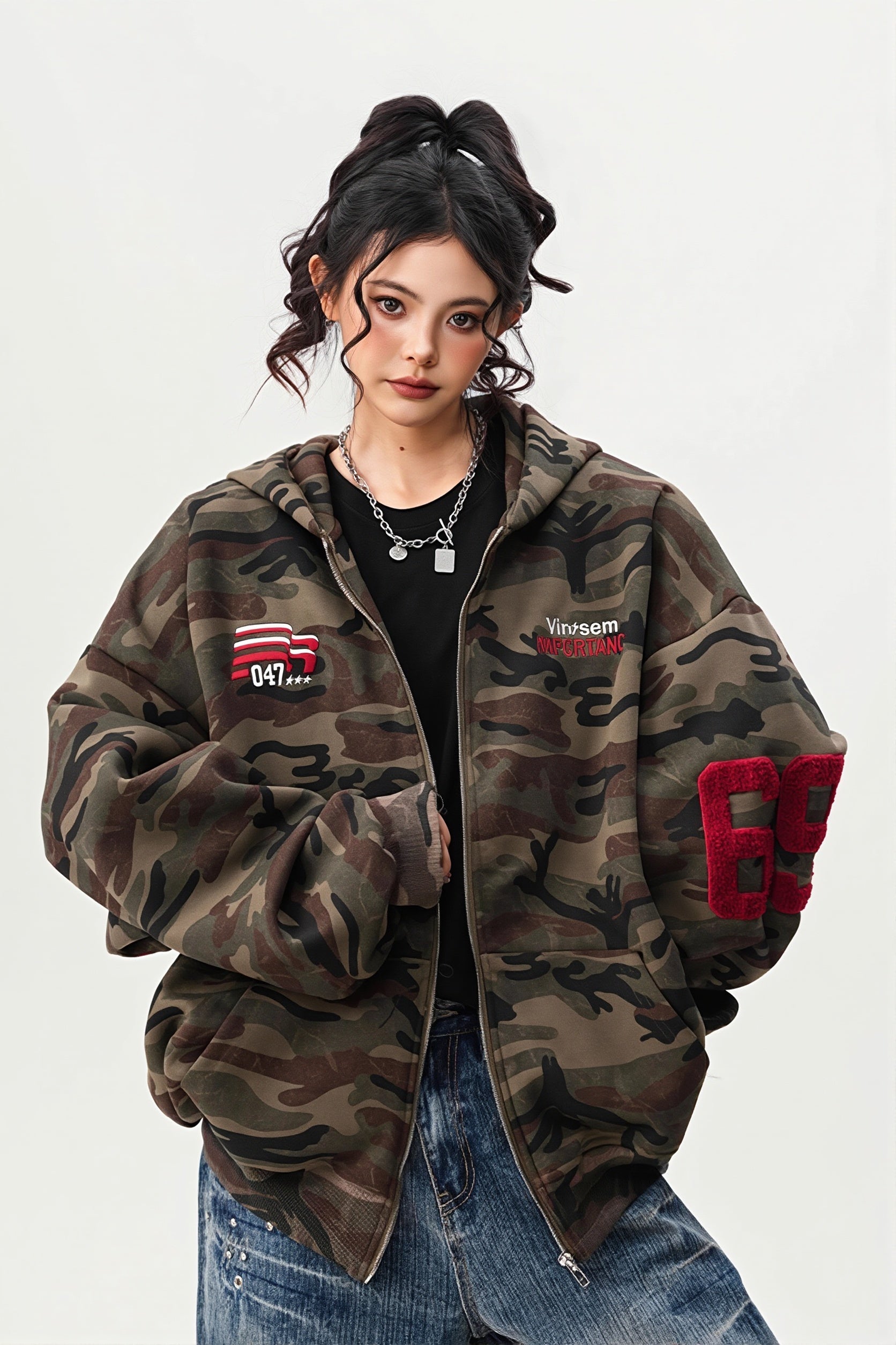 Camo Zip Oversized Street Hoodie