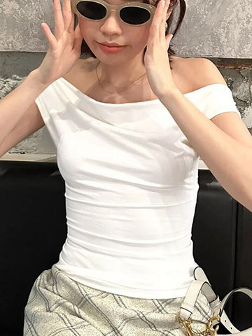 Damen Sommer Casual Kurzarm Crop Tops Einfarbig Off Shoulder Boot-Ausschnitt Rückenfrei Slim Fit Tops Streetwear 