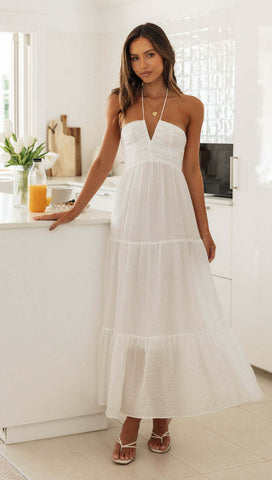 Women's V Neck Maxi Dress Elegant Shoulder Baring Sleeveless Sling