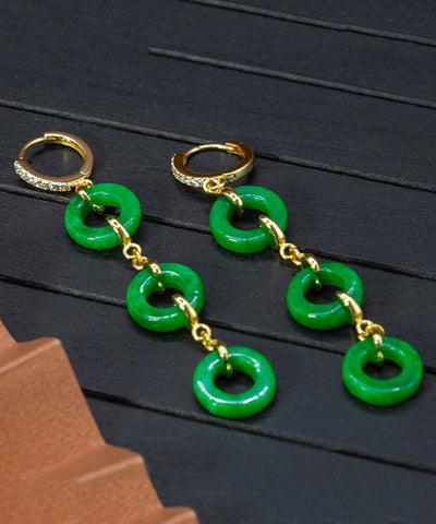 Vintage Grüne Sterling Silber Overgilt Jade Kreis Tropfen Ohrringe 