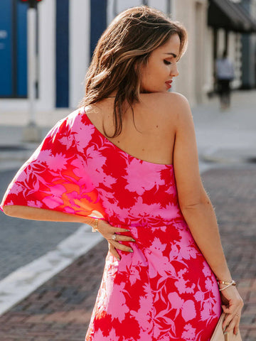 Summer Dress Oblique Shoulder Floral Print Pattern Backless Rose Red Beach Maxi Dress