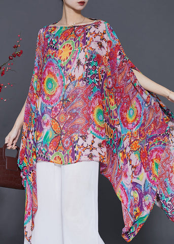 Bohemian Rot Asymmetrische Print Chiffon Shirt Tops Sommer 