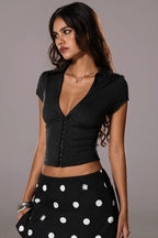 V Neck Button Elastic Slim Crop Blouse