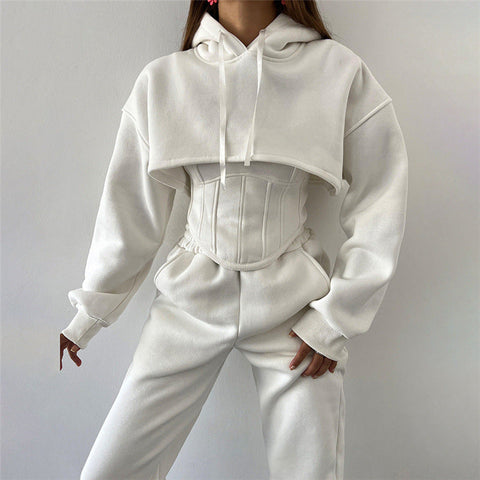 Autumn Winter Women Hooded Sweater Blouse Camisole Waist Pants Set
