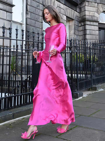 Flowy Stain Dress Boatneck Rufflles Sleeves Draped Back Prom Maxi Dresses