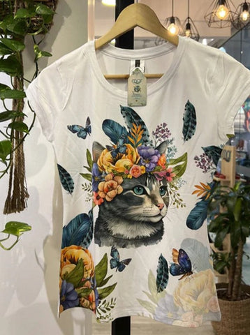 Round Neck Cat Print Short-sleeved T-shirt