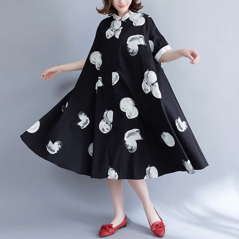 Vestido de gasa pura con estampados negros de boutique, ropa de gasa extragrande, vestidos, vestido camisero de gasa con cuello de solapa y dobladillo grande fino 