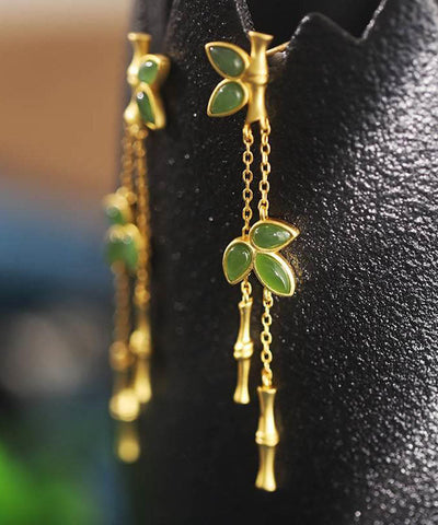 Moderne grüne Sterling Silber Overgild Bambus Tropfen Ohrringe 