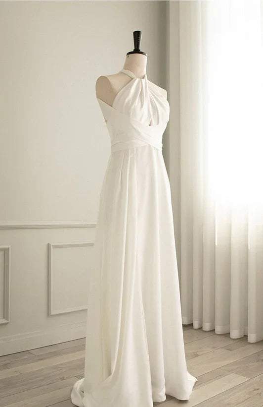 Einfaches Neckholder-Satin-Partykleid Abschlussballkleid Bodenlanges Abendkleid