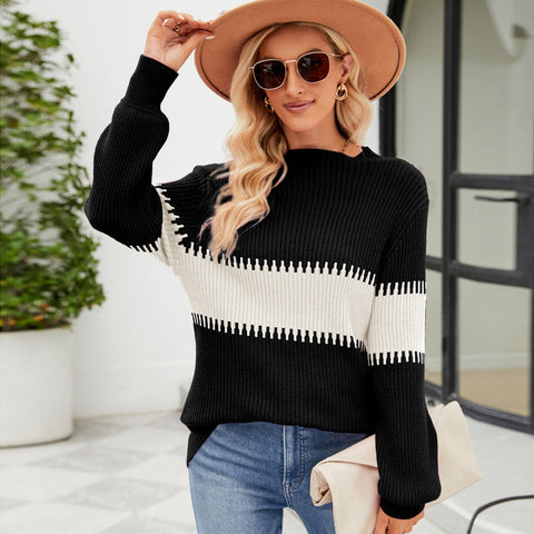 Colorful Patchwork Mock Neck Sweater: Stylish Loose Pullover for Women's Autumn/Winter Fashion