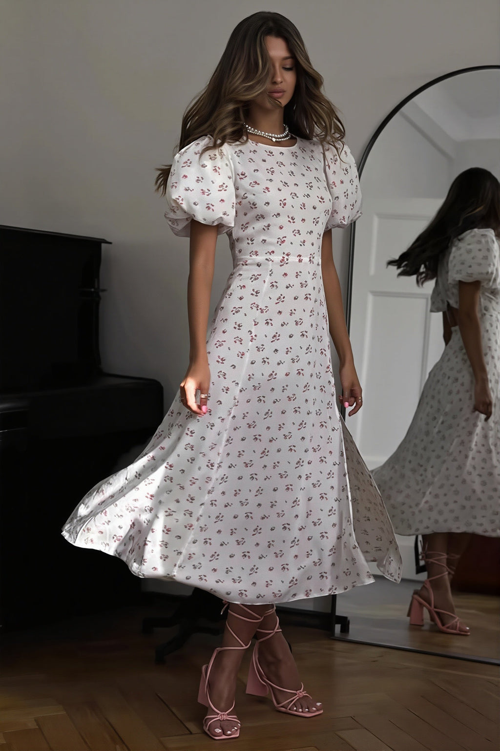 Floral Split Puff Sleeve Elegant Maxi Dress