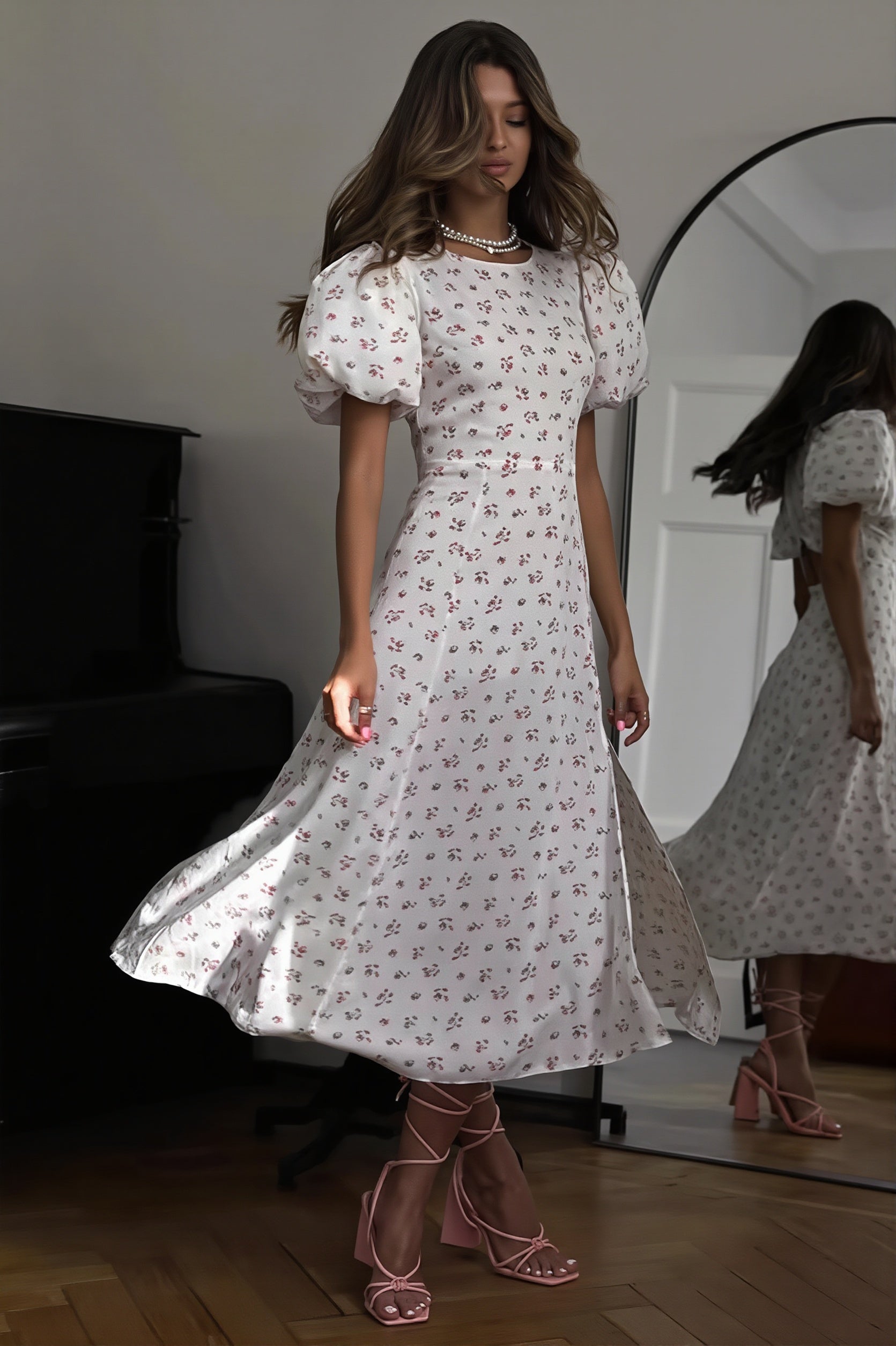 Floral Split Puff Sleeve Elegant Maxi Dress