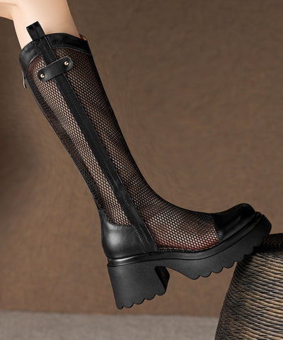 Sommerstiefel in Schwarz mit ausgehöhltem, atmungsaktivem Mesh-Spleißen und klobigem Absatz 