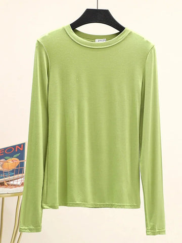Camiseta básica modal lisa de manga larga con cuello redondo para mujer, camiseta de otoño, camiseta que combina con todo, camiseta interior 