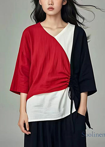 Pre sale - shipping in 30 days/Italian Colorblock Cinched Patchwork Linen Shirt Tops Summer