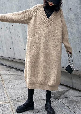 Vestido tipo suéter con cuello en V para mujer, vestido tipo suéter tipo túnica color caqui largo 