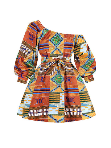 High Waisted Loose Elasticity Printed Tied Waist One-Shoulder Mini Dresses