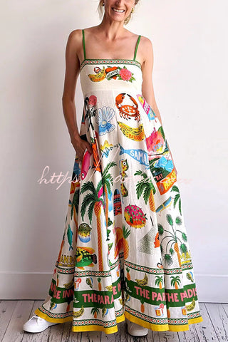 Holiday Paradise Maxikleid aus Leinenmischung mit einzigartigem Druck und gesmokten Gesäßtaschen 