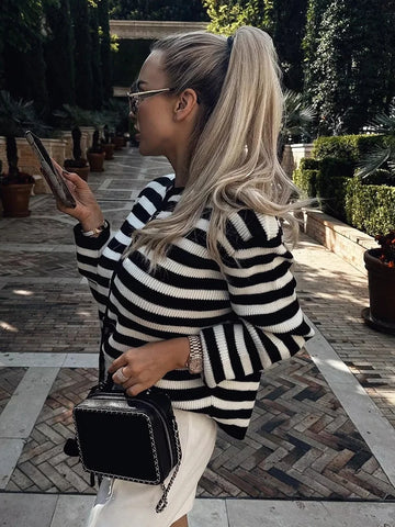 Suéter de moda con estampado de cebra para mujer, cárdigan holgado a rayas de cintura alta, con retazos, prendas de vestir informales, abrigo de punto para mujer 2023 